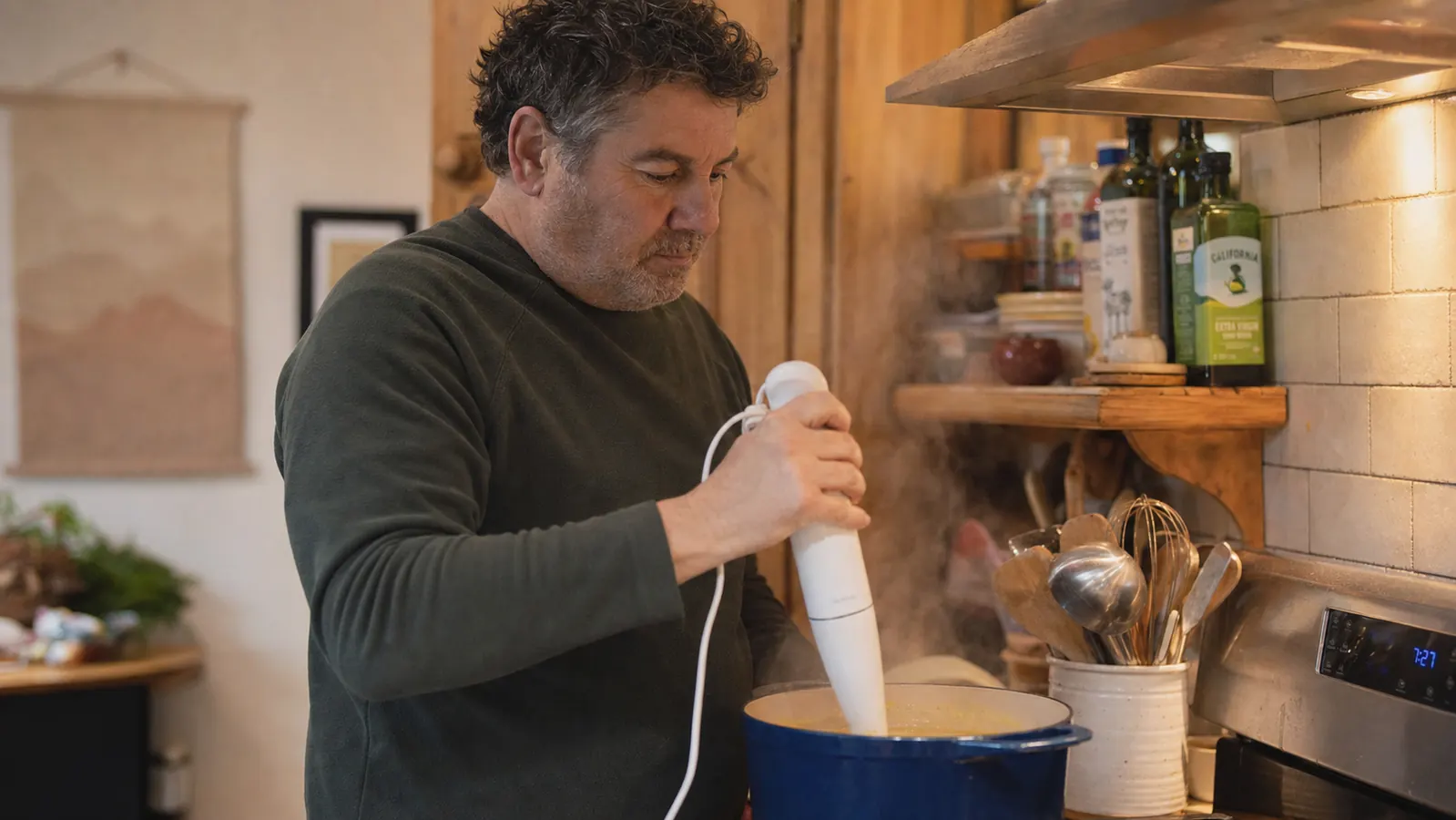 Home cook blending soup directly in a pot on the stove with a hand-held immersion blender