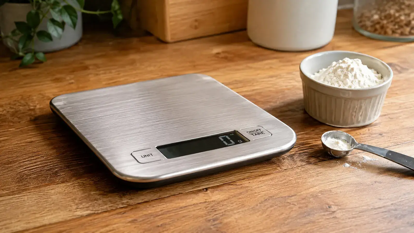 Digital kitchen scale on a wood countertop with a bowl of flour nearby in soft morning light