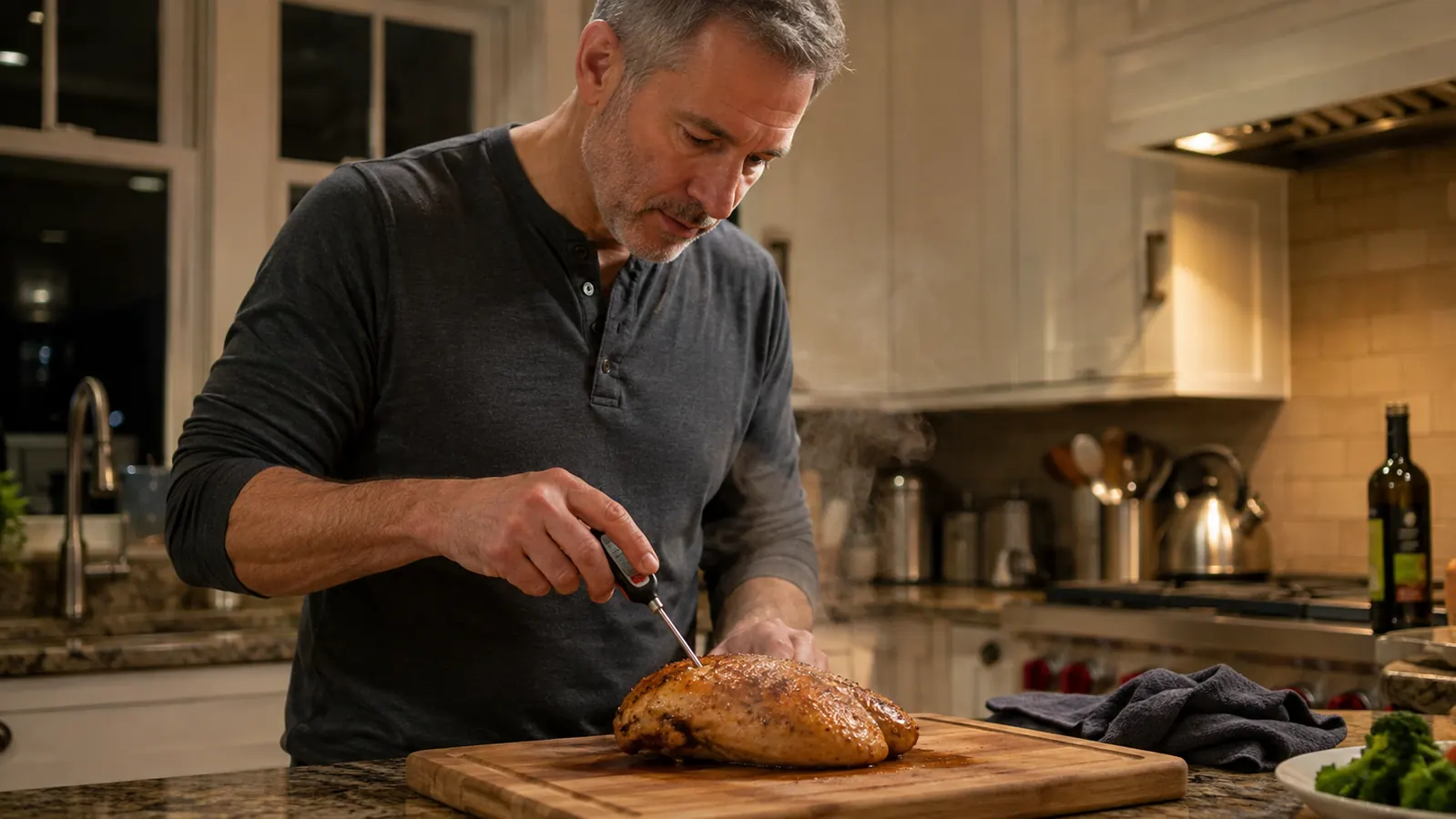 Home cook checking the internal temperature of a roasted chicken with a digital meat thermometer at the kitchen counter