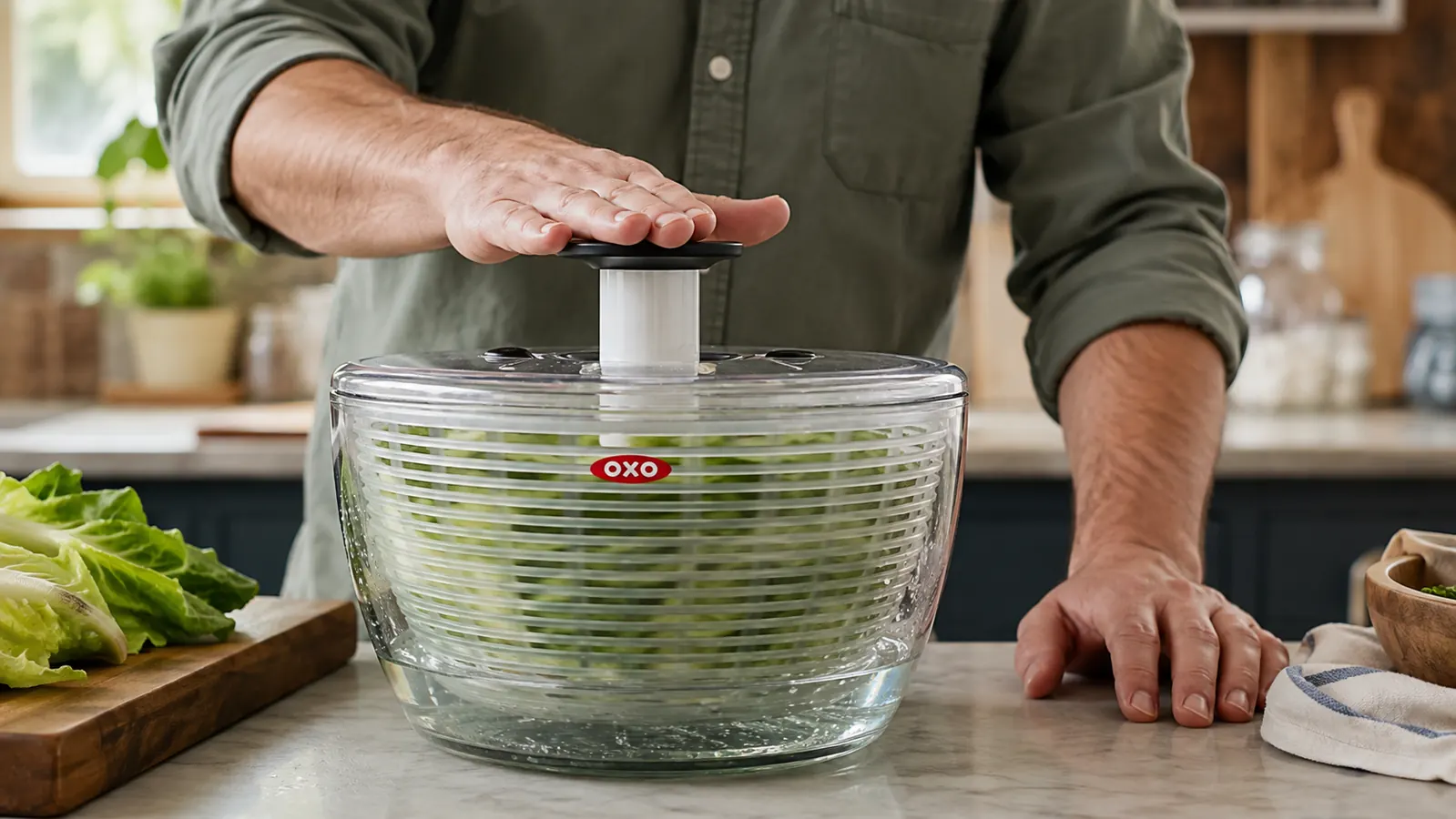 A hand pressing the pump lid on a glass salad spinner to dry a full basket of lettuce