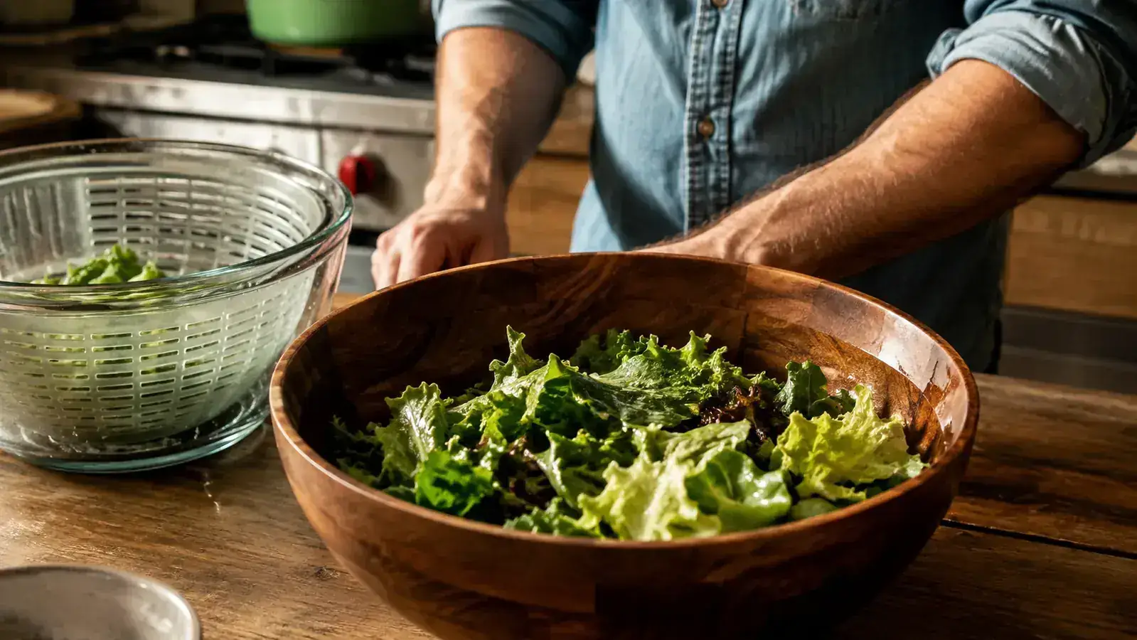 A bowl of mixed greens tossed with dressing next to a glass salad spinner on a kitchen counter