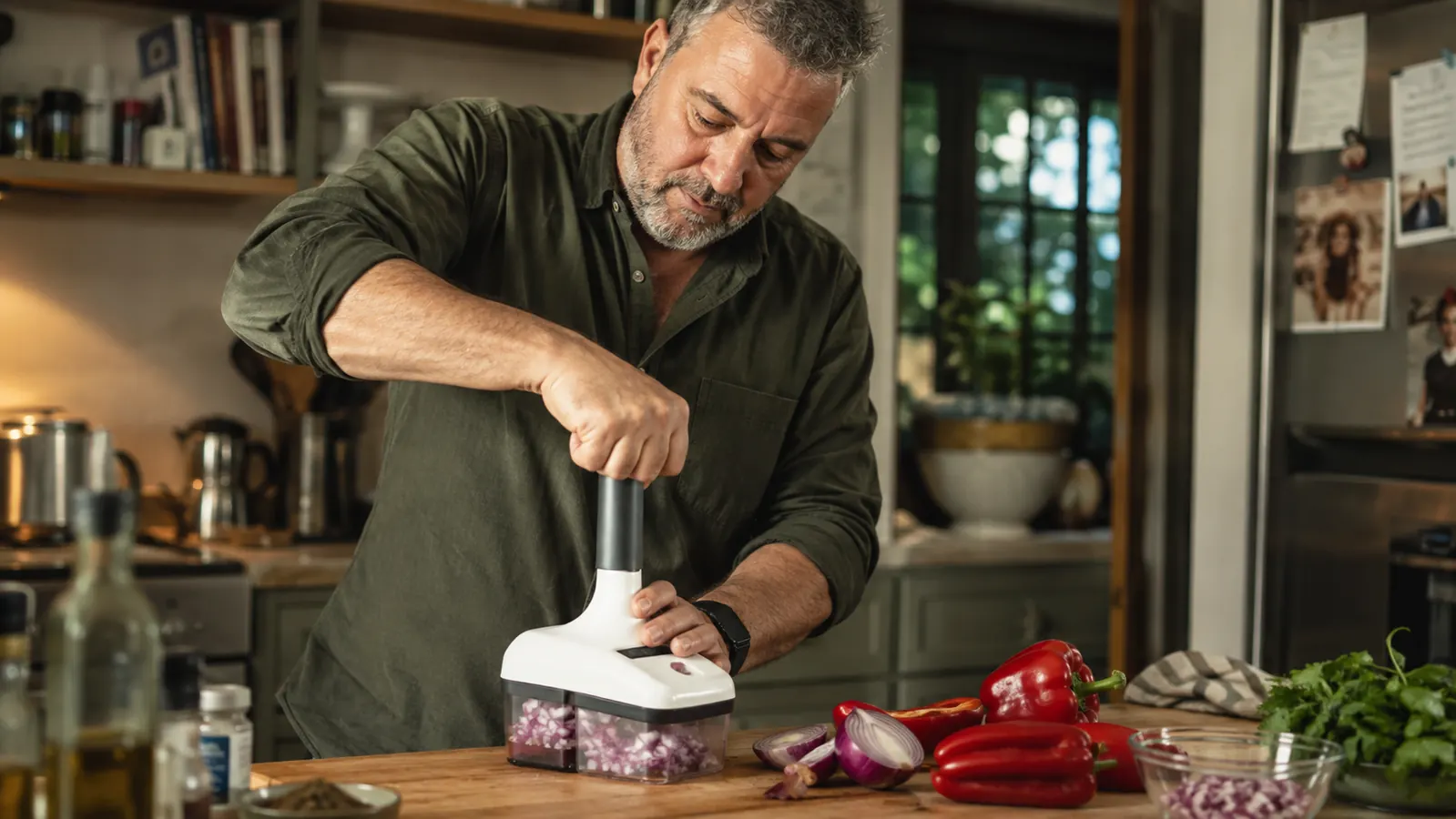 Home cook using a vegetable chopper on a wooden countertop surrounded by fresh produce
