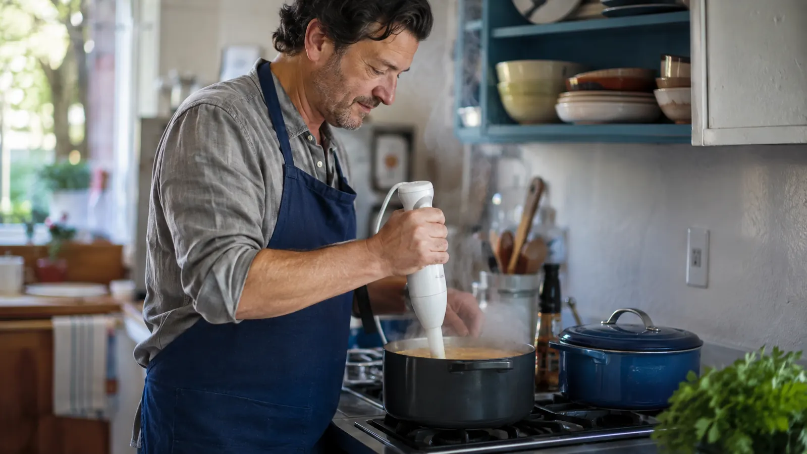 Home cook in an ordinary kitchen blending soup directly in a pot with a white hand blender
