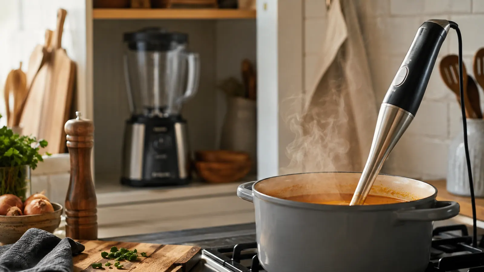 Cuisinart immersion blender resting in a pot of soup on a stovetop, with a countertop blender visible on a shelf in the background