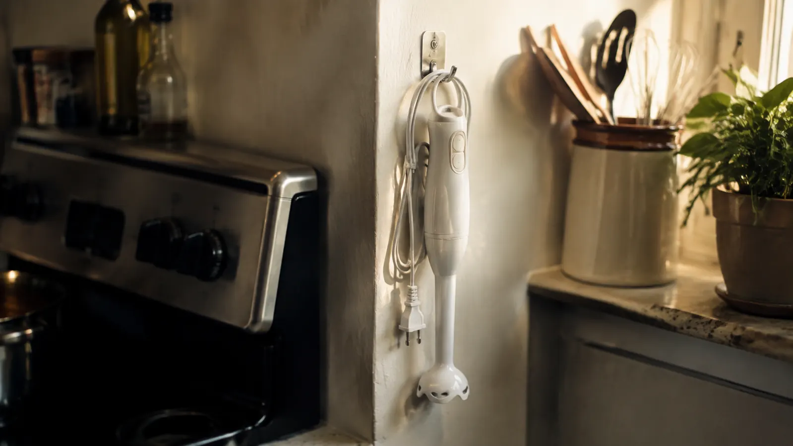 The immersion blender hanging from a small hook near the stove, cord coiled loosely beside it
