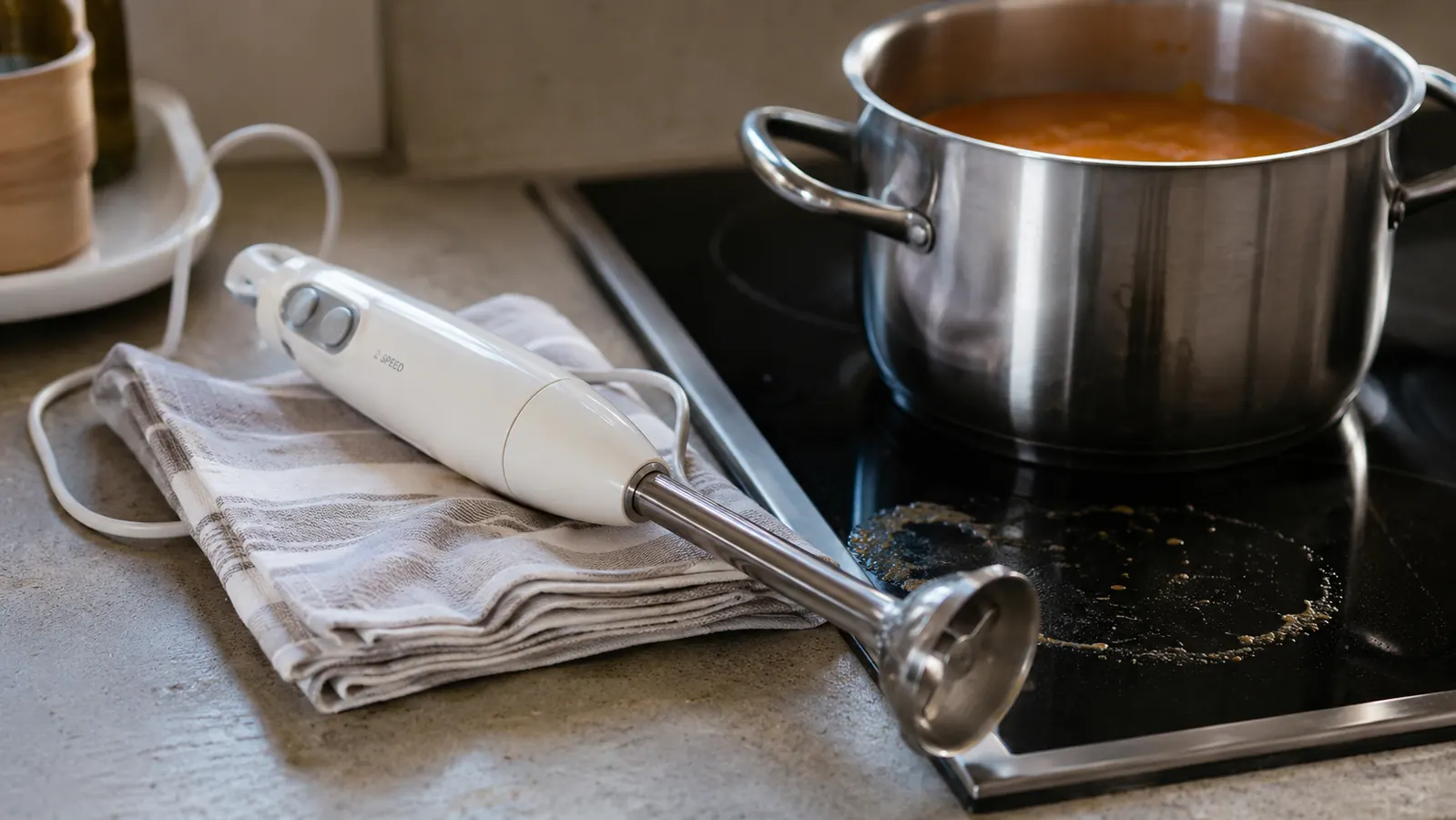 Cuisinart Smart Stick immersion blender laid across a kitchen towel next to a pot with a small splatter ring on the stovetop