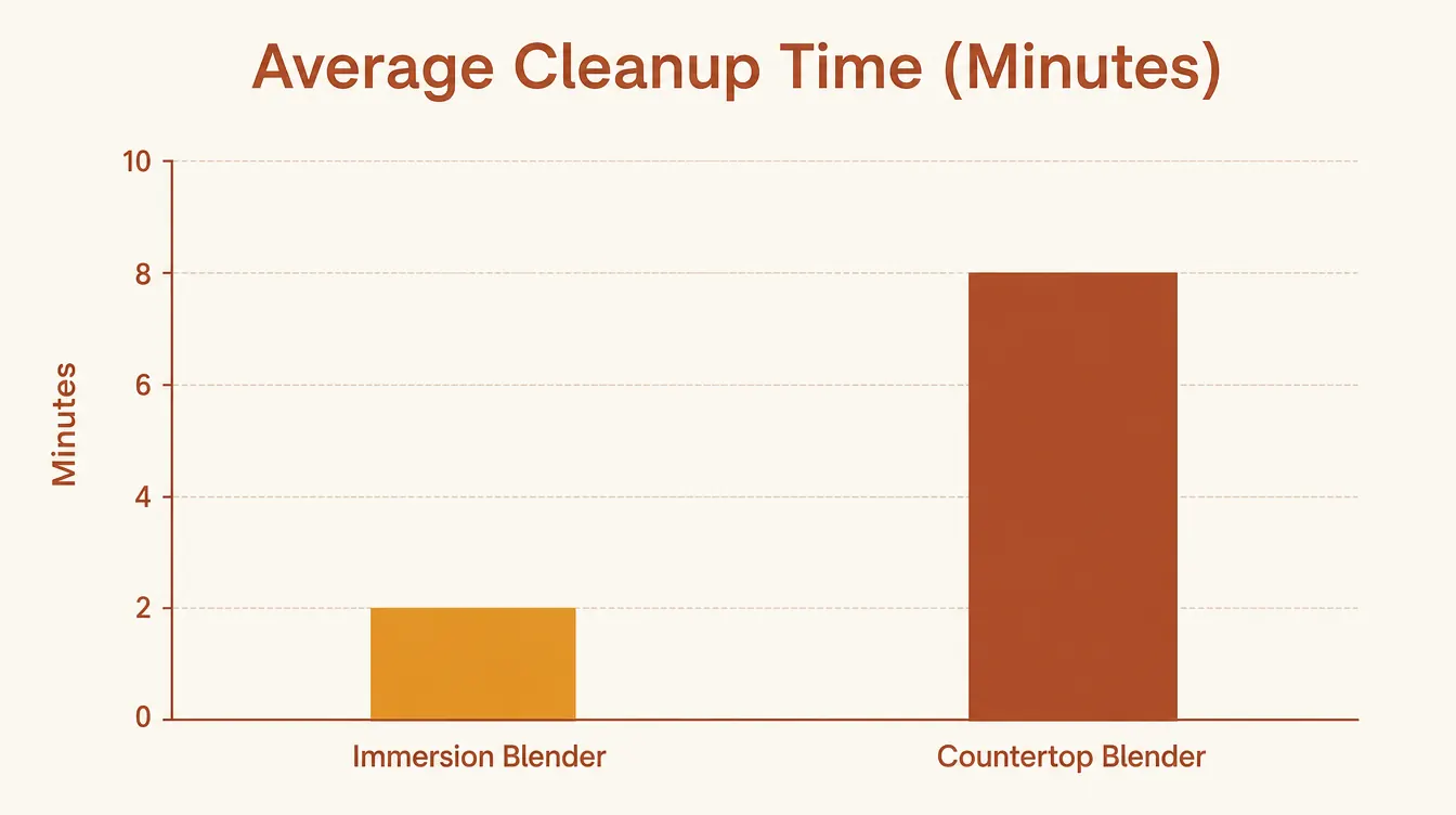 Simple bar chart comparing cleanup time in minutes for an immersion blender versus a countertop blender