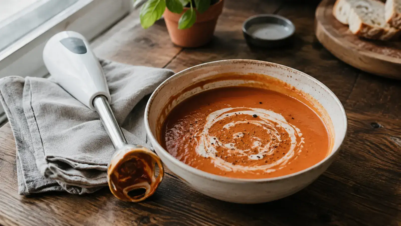 A bowl of smooth homemade tomato soup with a swirl of cream, next to the immersion blender on a folded kitchen towel