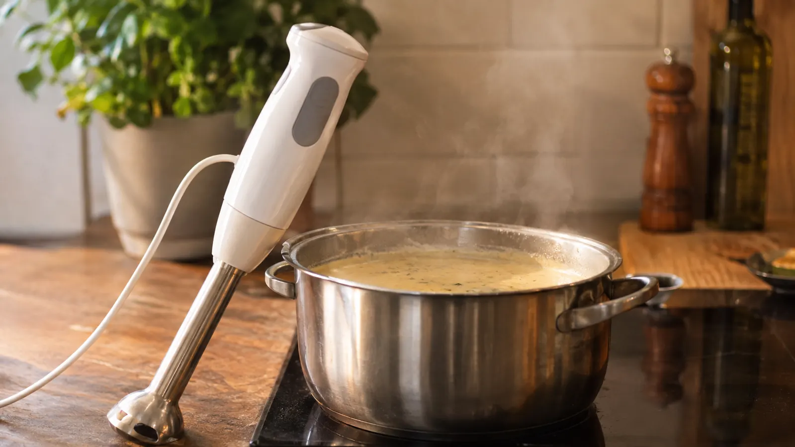 White Cuisinart Smart Stick immersion blender resting upright against a pot of pureed soup on a stovetop