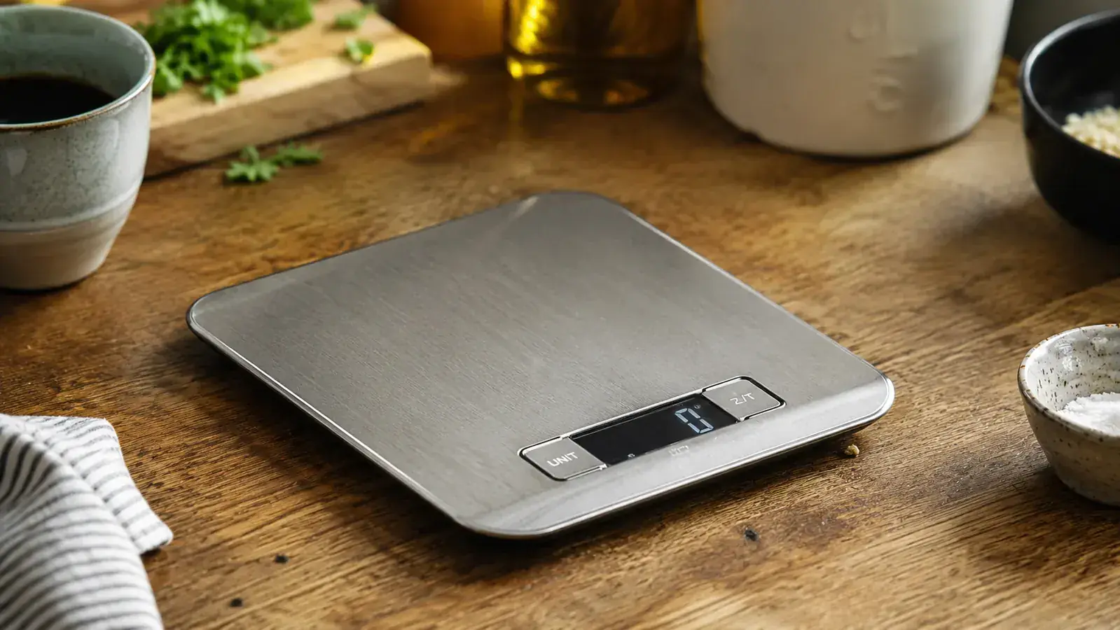 Etekcity stainless steel kitchen scale sitting on a busy morning kitchen counter next to a coffee mug and cutting board