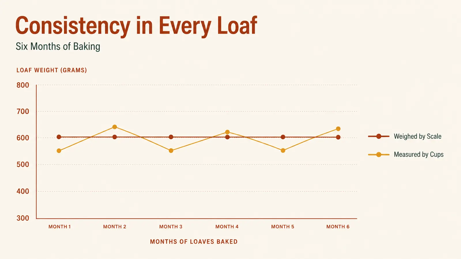 Line chart comparing bread recipe consistency over six months when ingredients are weighed versus measured with cups