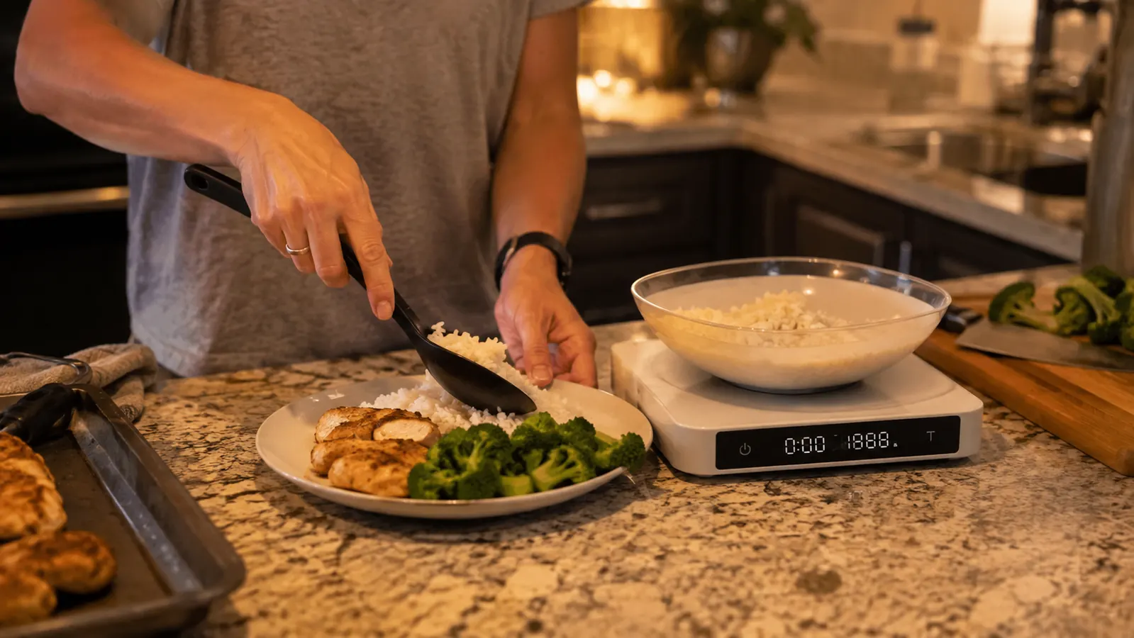 A dinner plate with portioned chicken, rice, and vegetables next to the kitchen scale on the counter
