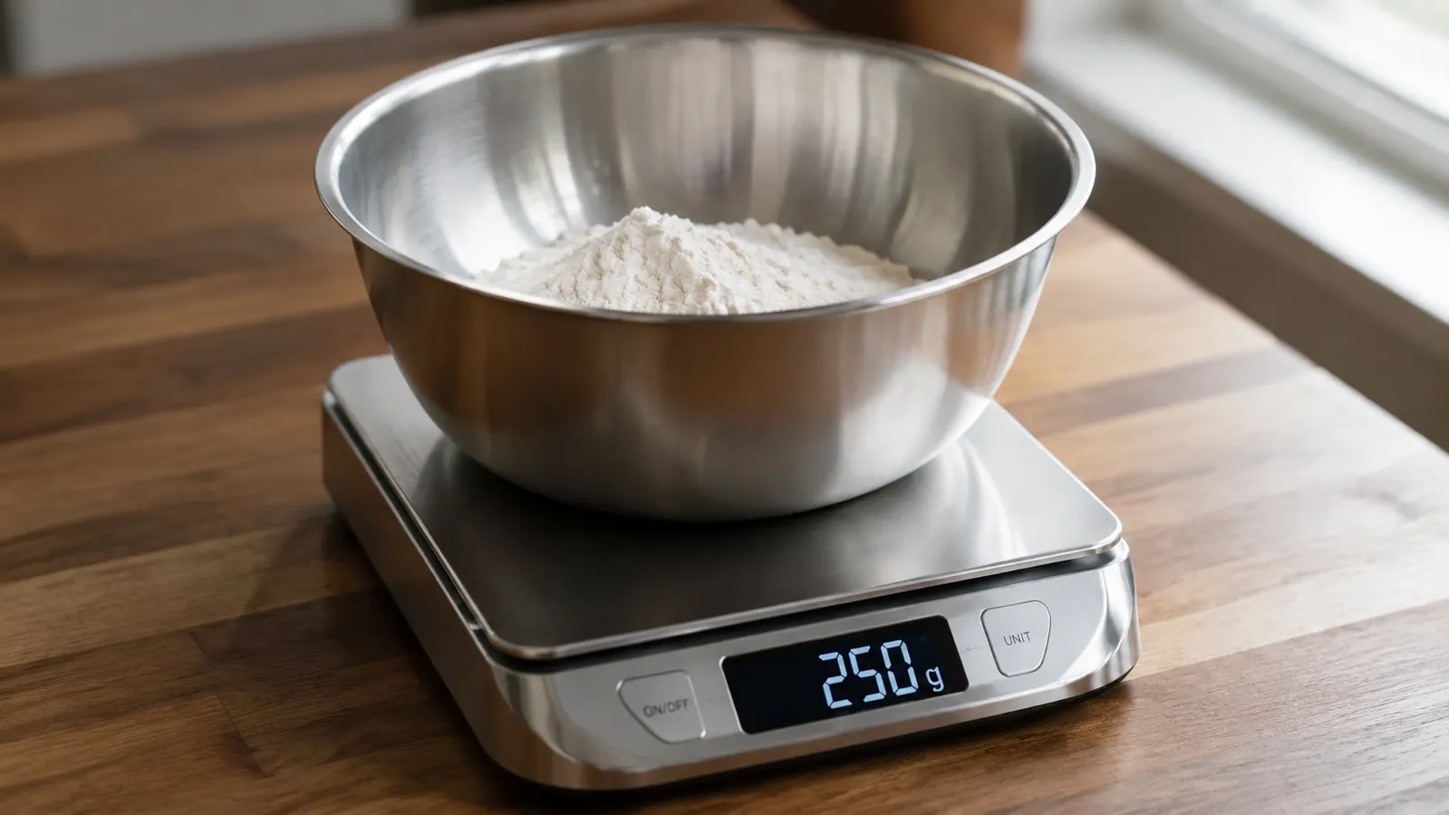 Etekcity stainless steel kitchen scale sitting on a counter with a small bowl of flour on top