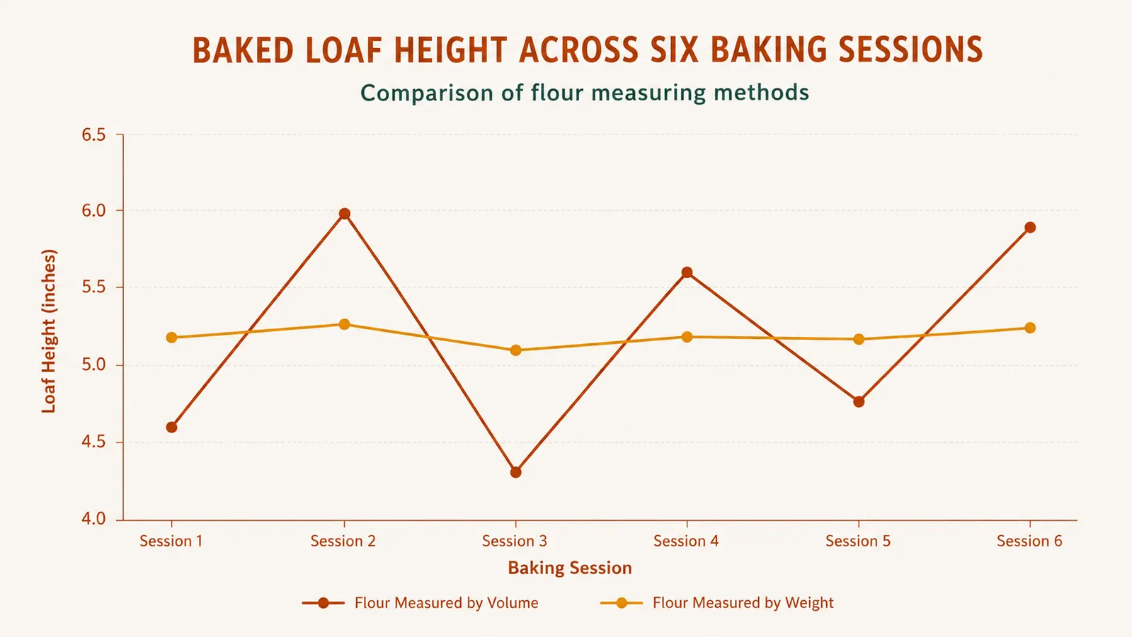 Simple line chart comparing loaf height consistency across baking sessions measured by cups versus by weight