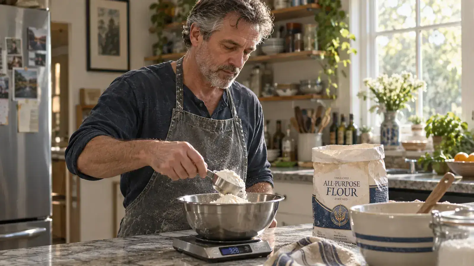 Home cook in an ordinary kitchen weighing flour on a stainless digital scale next to a mixing bowl