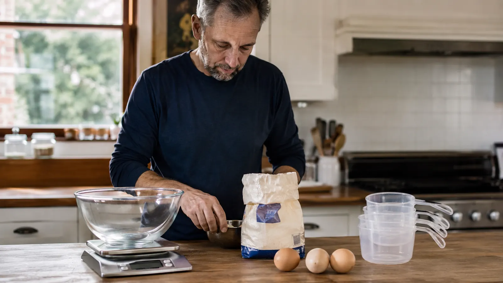Home cook standing at a kitchen counter with a digital kitchen scale on one side and a stack of measuring cups on the other, flour and a mixing bowl between them