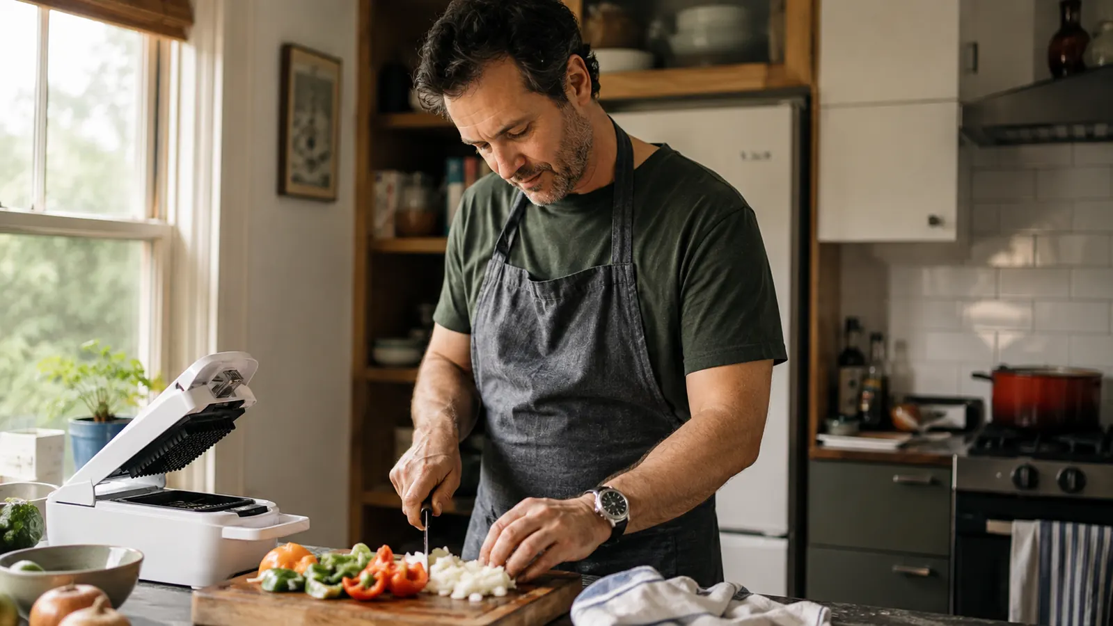Woman at a home kitchen counter dicing vegetables in warm morning light with a chopper and cutting board