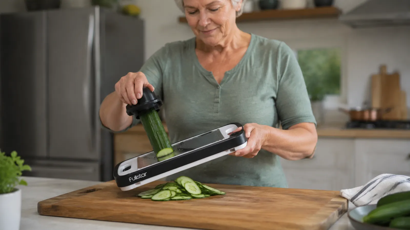 Close-up of a hand sliding a cucumber across a flat mandoline slicer over a cutting board, thin uniform slices falling underneath