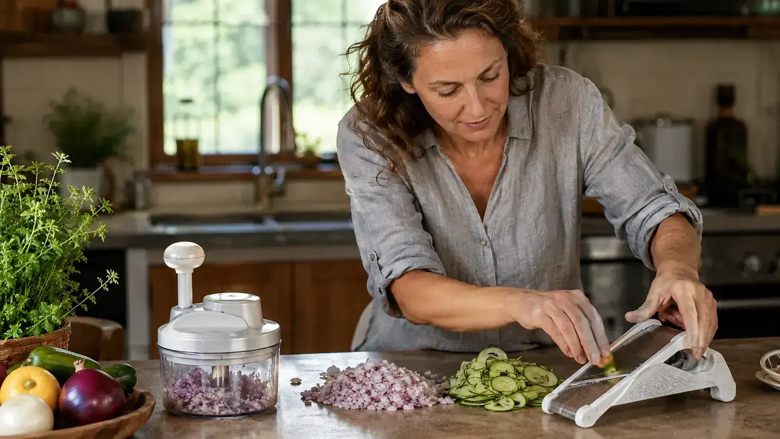 Home cook standing at a kitchen counter comparing a vegetable chopper and a mandoline slicer side by side with chopped vegetables on a cutting board