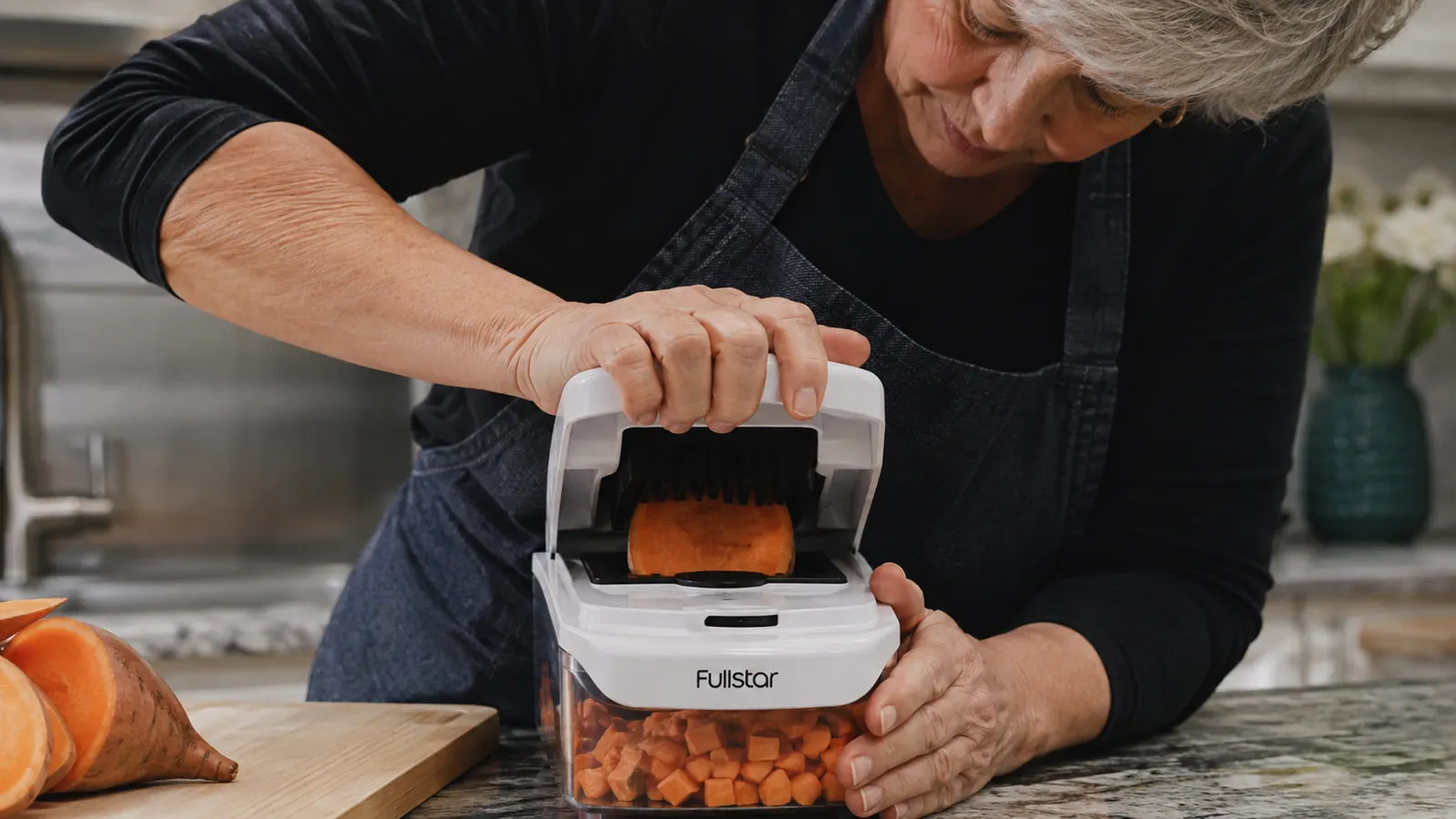 A hand bracing the chopper against the counter while pressing down hard to dice a sweet potato