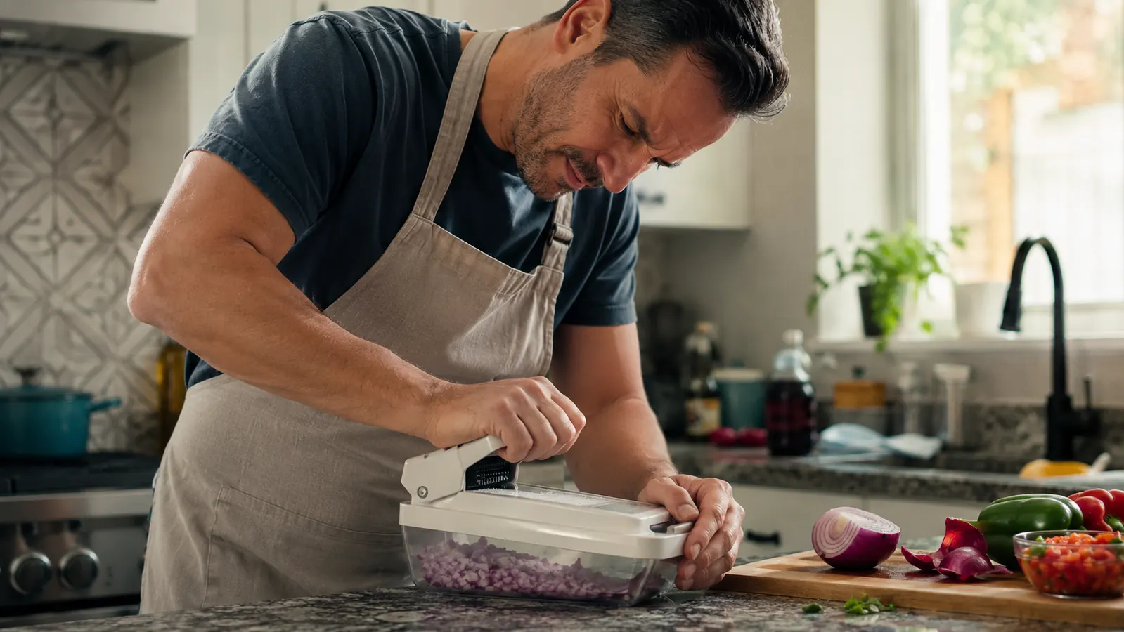 Fullstar vegetable chopper on a kitchen counter with a hand pressing down on the handle mid-dice