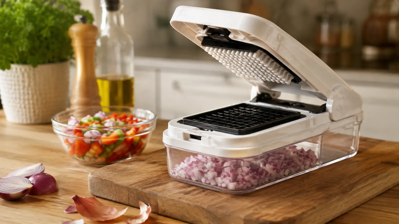 Fullstar vegetable chopper sitting on a kitchen counter next to a bowl of freshly diced onions