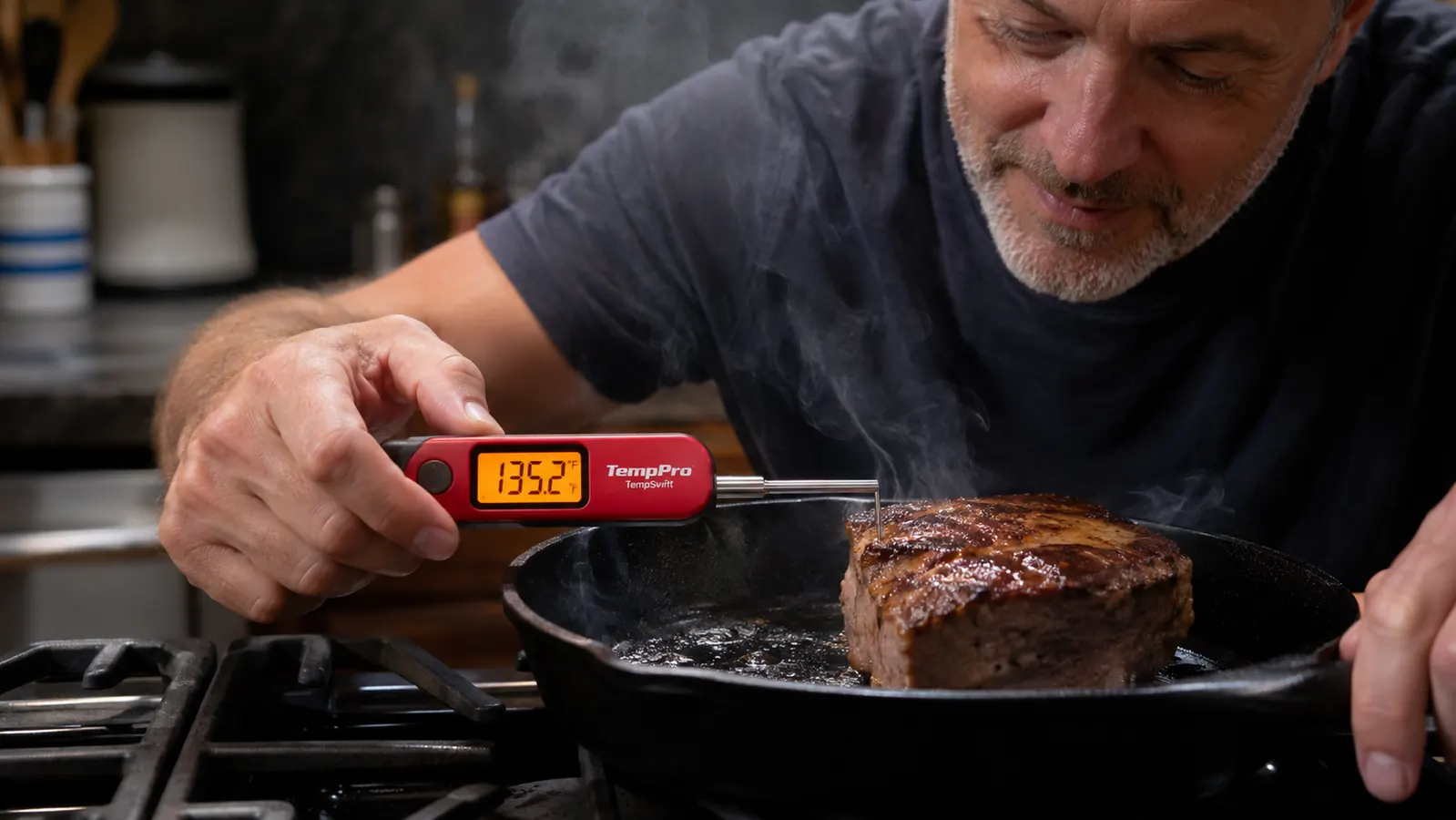 A hand inserting a digital meat thermometer probe sideways into the thickest part of a searing steak in a cast iron skillet