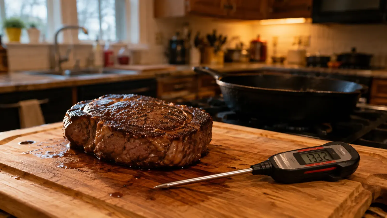 A seared steak resting on a wooden cutting board next to a digital instant read meat thermometer in a home kitchen