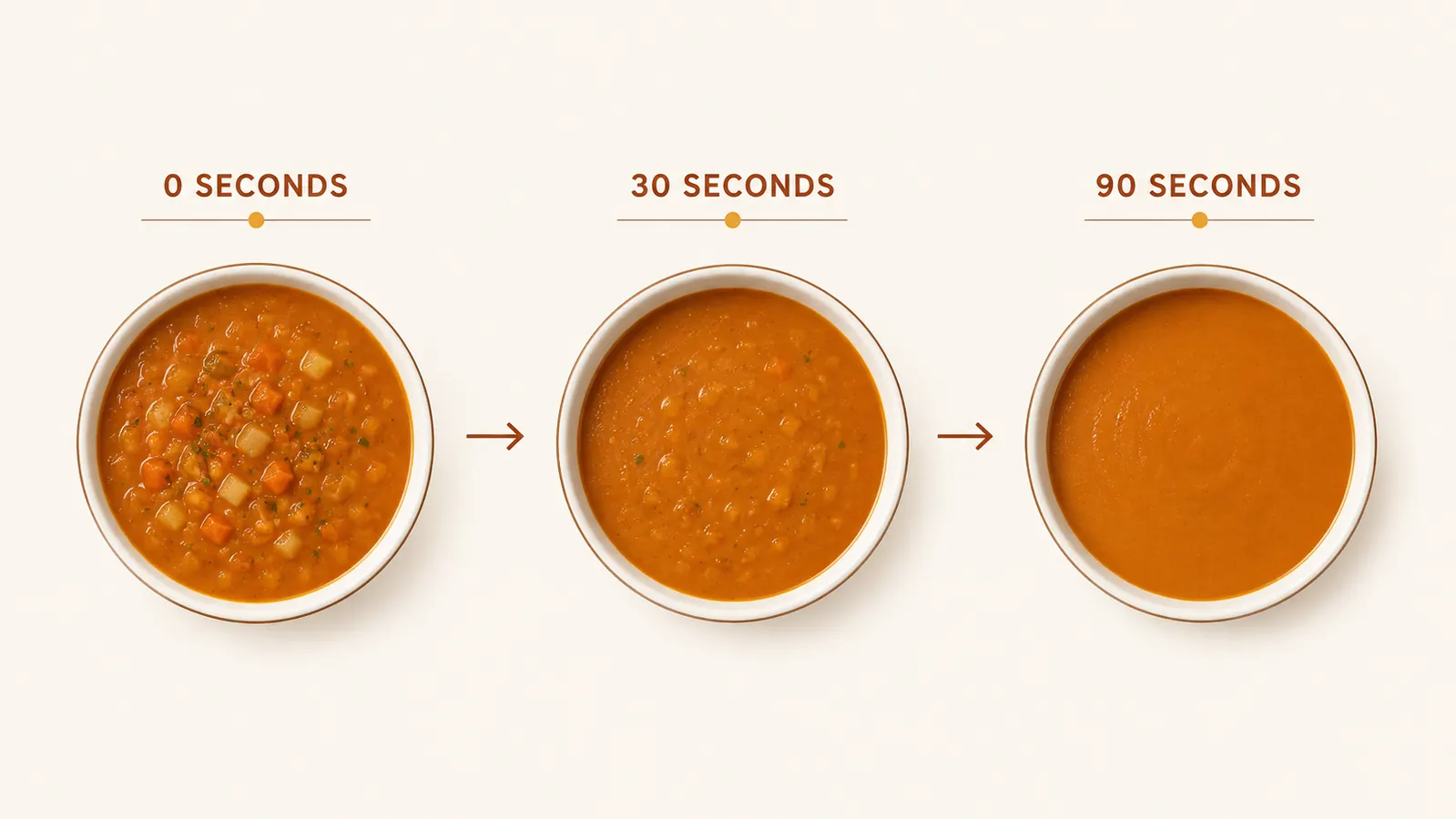 Simple diagram showing soup texture progressing from chunky to fully smooth across three blending stages