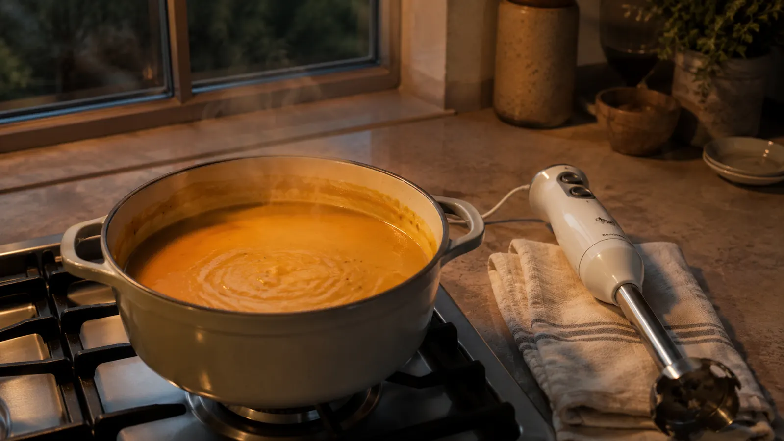 Steaming pot of pureed butternut squash soup on a stovetop with a hand blender resting beside it