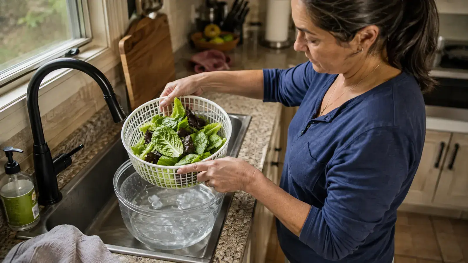 A home cook lowering a basket of leafy greens into a glass salad spinner bowl filled with cold water at a kitchen sink