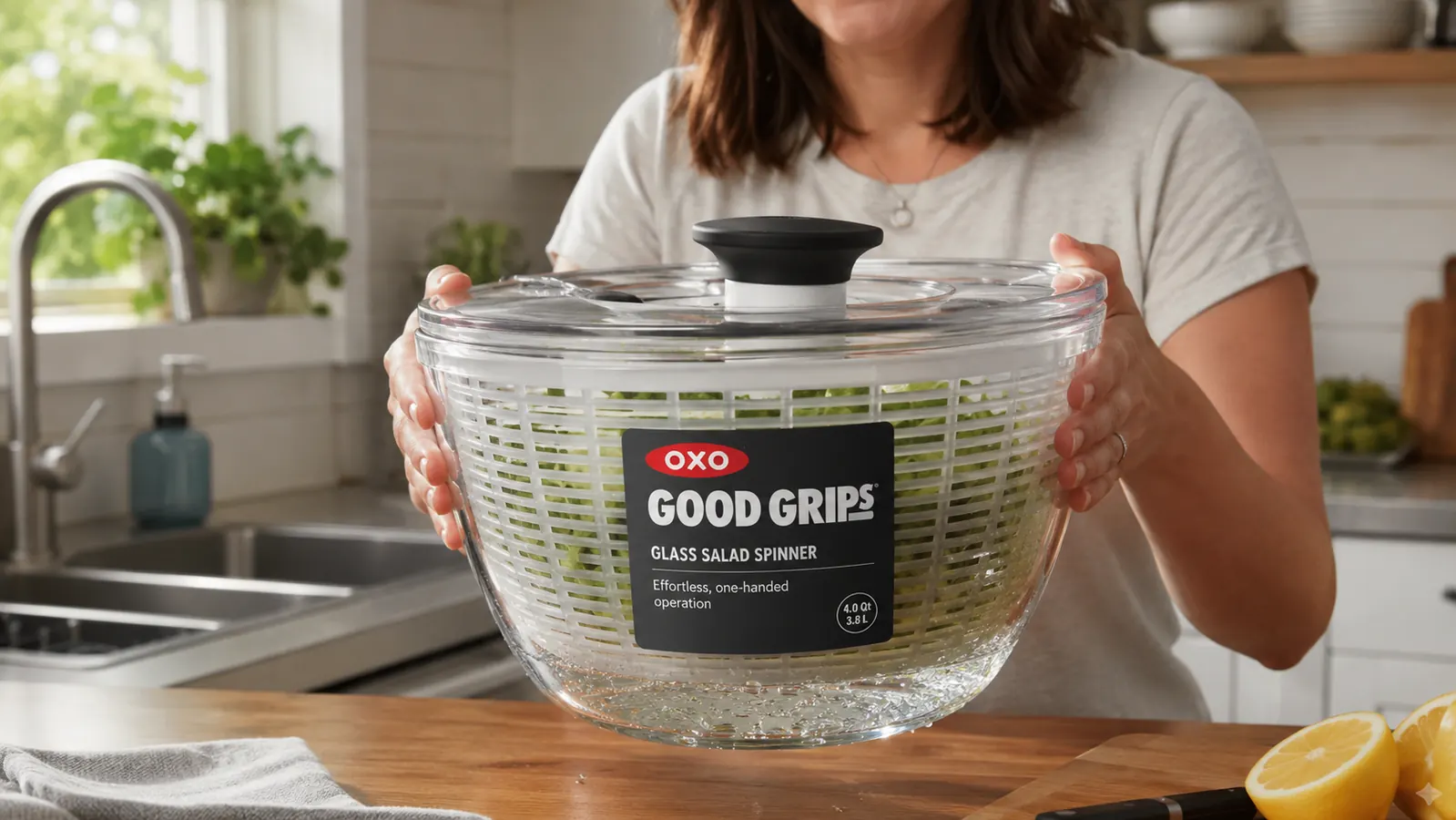 Two hands lifting the full glass bowl of the OXO salad spinner off the counter with visible effort