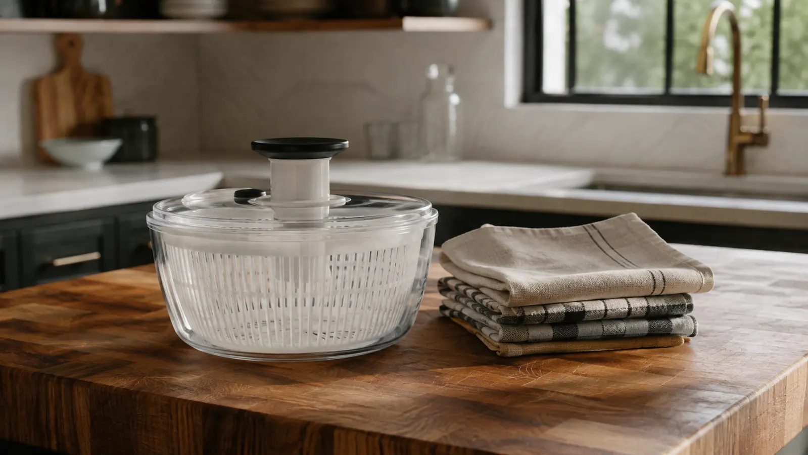 OXO Good Grips glass salad spinner sitting on a kitchen counter next to a stack of clean dish towels