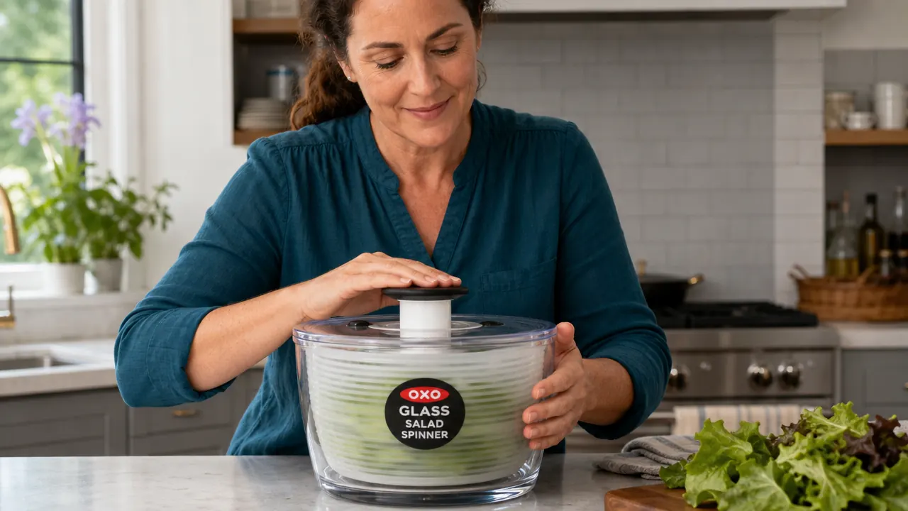 A hand pressing down on the pump top of the OXO glass salad spinner while it spins on the counter