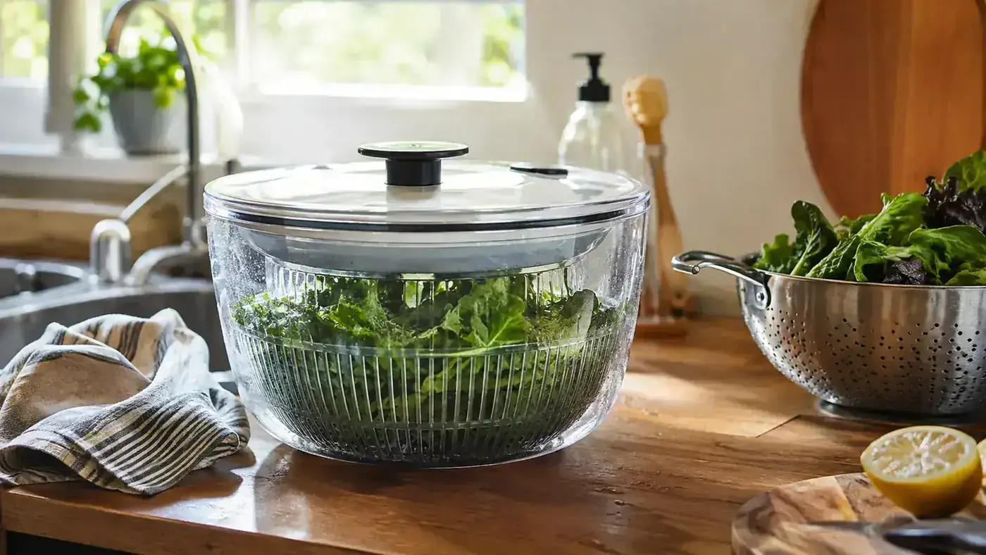 OXO Good Grips glass salad spinner full of washed lettuce sitting on a kitchen counter in natural light