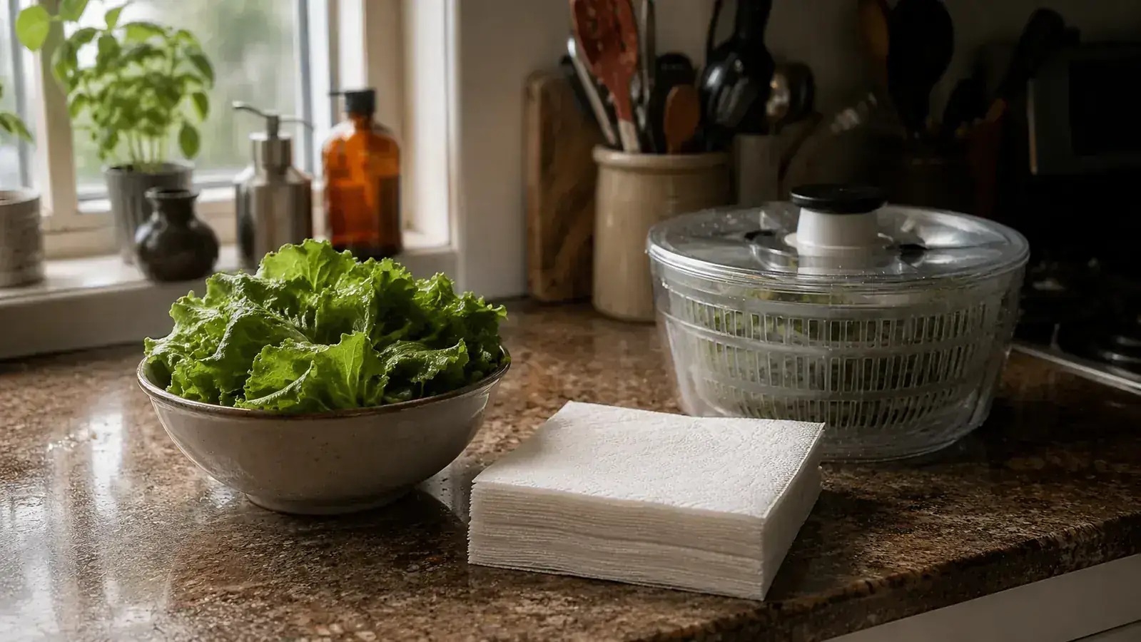 Glass salad spinner and a stack of paper towels side by side on a kitchen counter with fresh lettuce