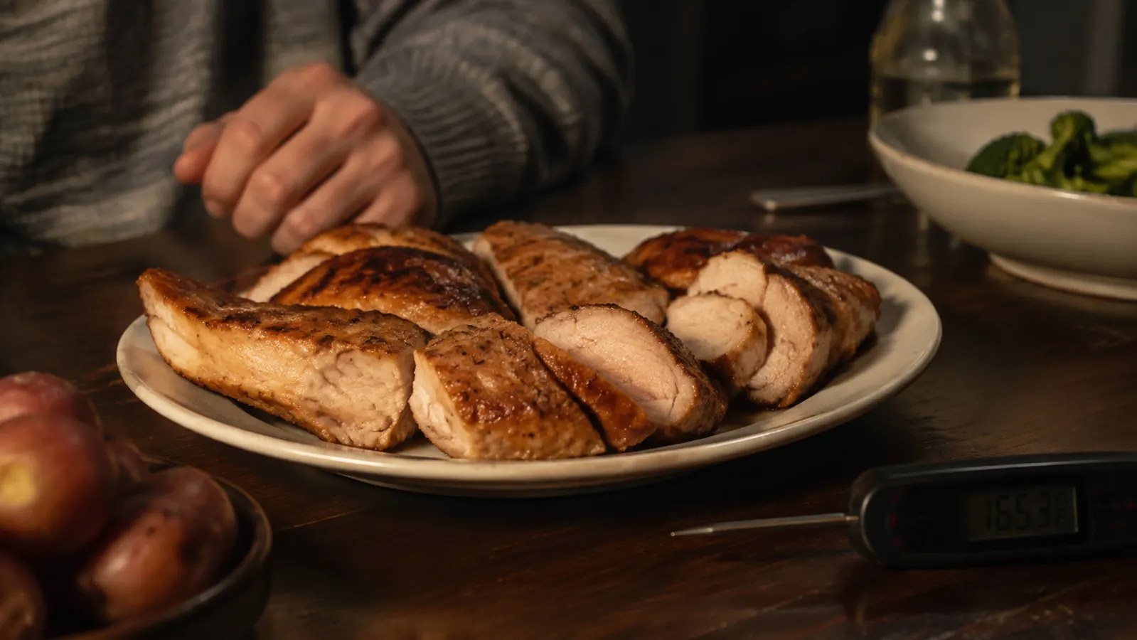 Sliced chicken breast and pork chops plated on a kitchen table showing a juicy interior