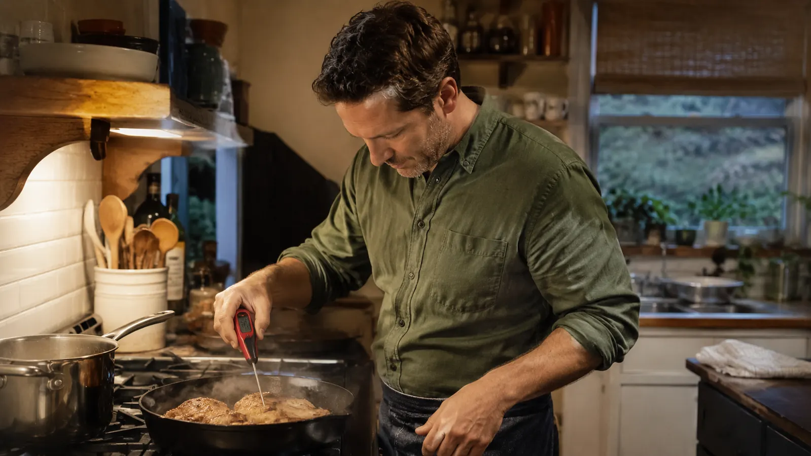 Home cook checking a chicken breast with a digital instant-read thermometer at the stove