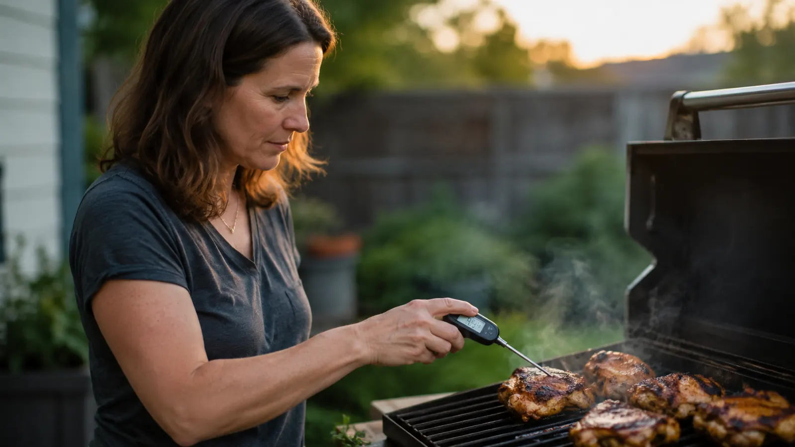 A hand holding the TempPro digital thermometer probe inserted into a grilled chicken thigh on an outdoor grill
