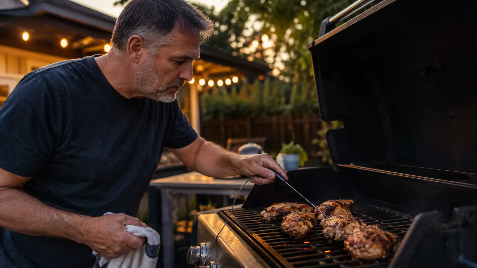 A hand holding a digital instant-read meat thermometer near a grill with smoke rising in the background