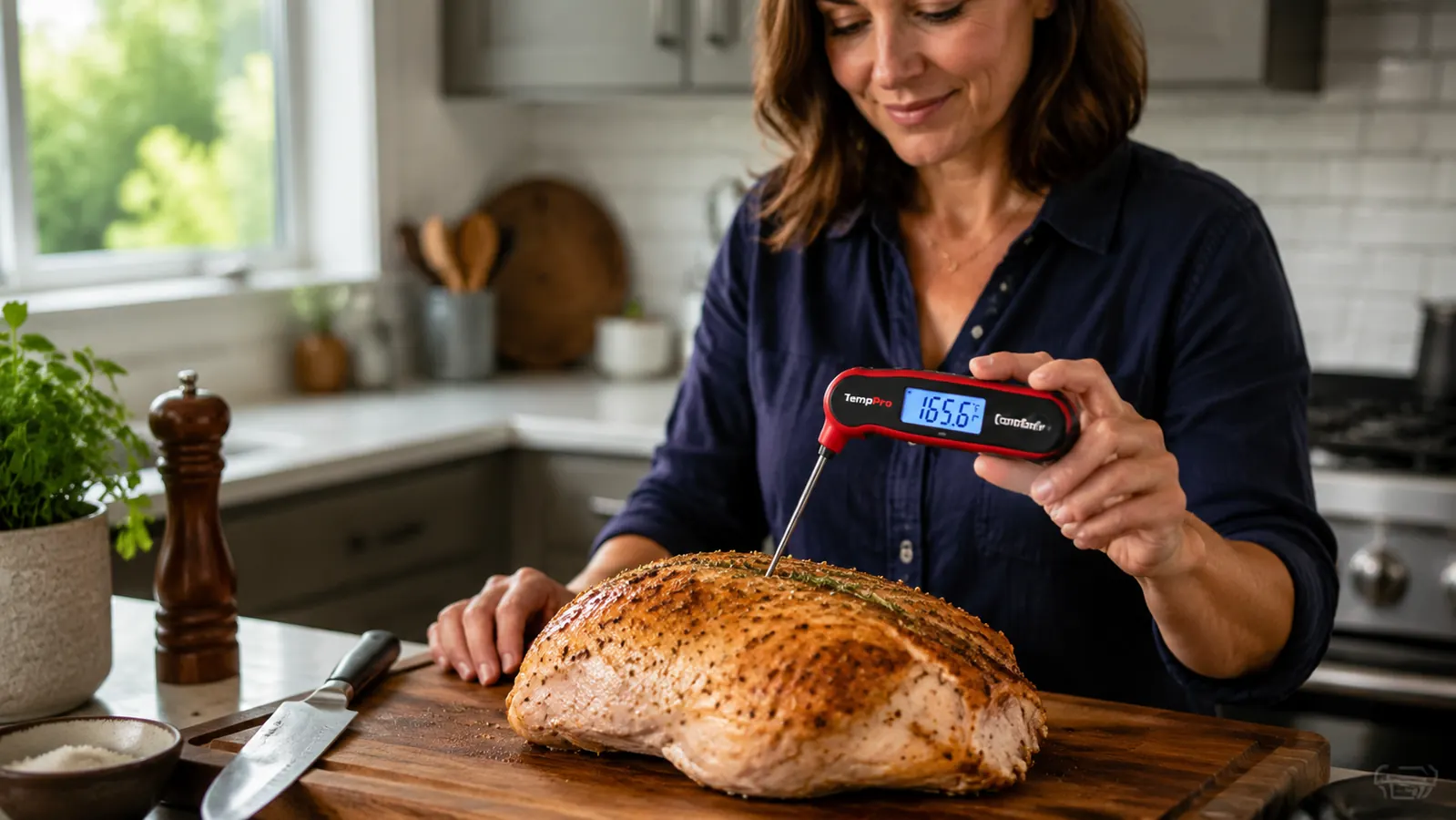 Hand inserting the TempPro TempSwift digital thermometer probe into the thick part of a roasted chicken breast, display showing a temperature reading