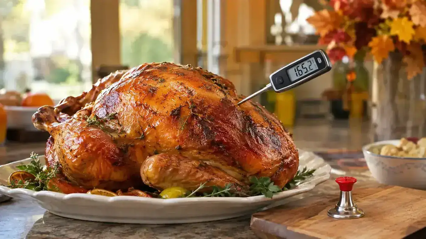 A cooked turkey on a platter on a kitchen counter with a digital meat thermometer inserted into the thigh and a small pop-up timer resting removed to the side